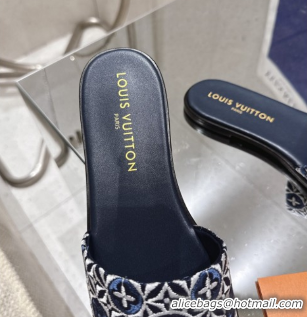 Top Grade Louis Vuitton Flat Slides Sandal in Monogram Jacquard Navy Blue 0609049