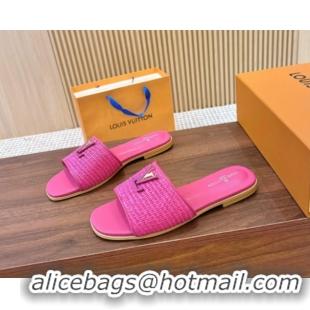 Classic Hot Louis Vuitton LV Mare Flat Slides Sandal in Straw-Like Dark Pink 0609053