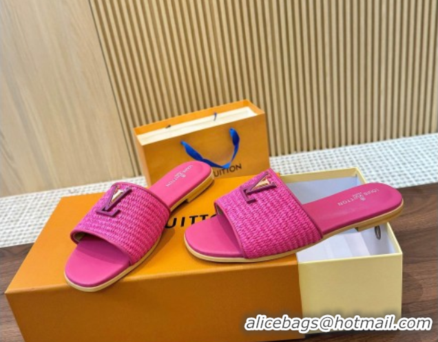 Classic Hot Louis Vuitton LV Mare Flat Slides Sandal in Straw-Like Dark Pink 0609053