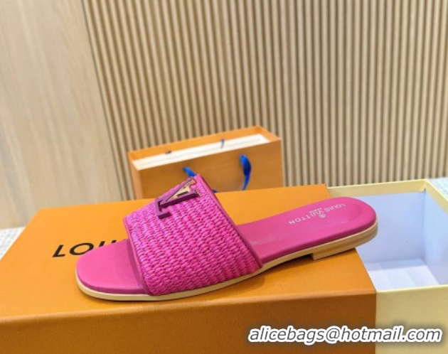 Classic Hot Louis Vuitton LV Mare Flat Slides Sandal in Straw-Like Dark Pink 0609053