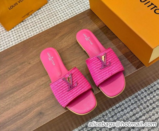 Classic Hot Louis Vuitton LV Mare Flat Slides Sandal in Straw-Like Dark Pink 0609053