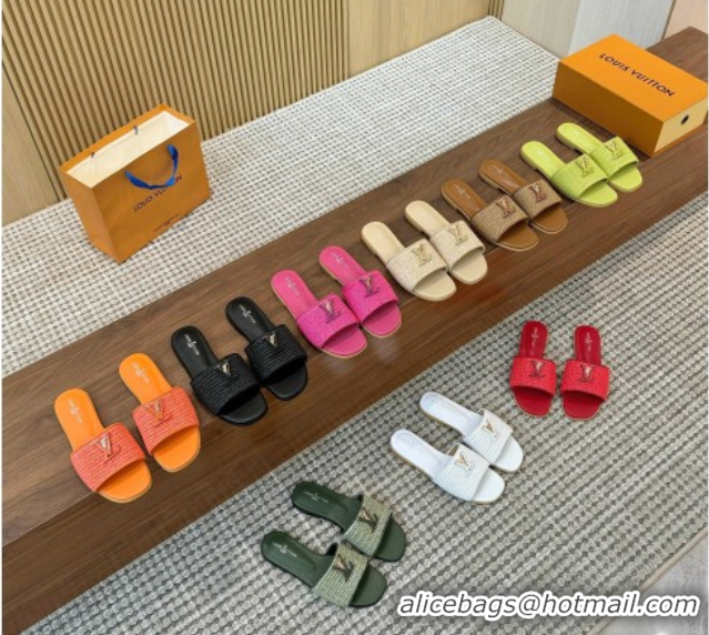 Classic Hot Louis Vuitton LV Mare Flat Slides Sandal in Straw-Like Dark Pink 0609053