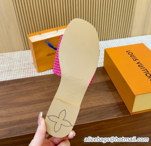 Classic Hot Louis Vuitton LV Mare Flat Slides Sandal in Straw-Like Dark Pink 0609053
