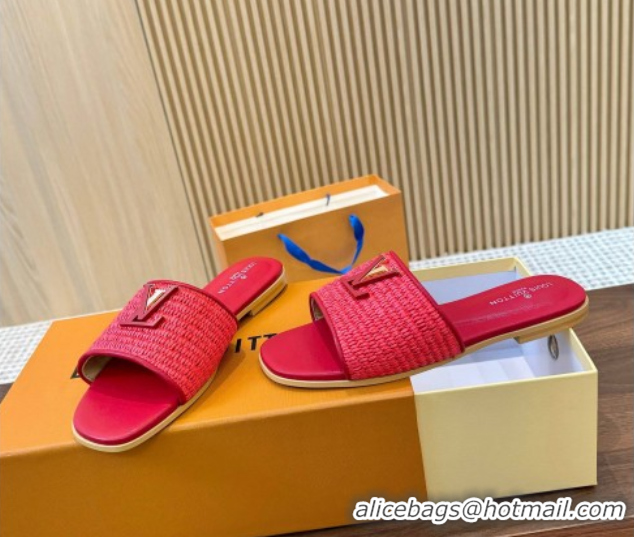 Sumptuous Louis Vuitton LV Mare Flat Slides Sandal in Straw-Like Red 0609056