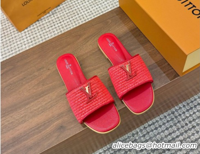 Sumptuous Louis Vuitton LV Mare Flat Slides Sandal in Straw-Like Red 0609056