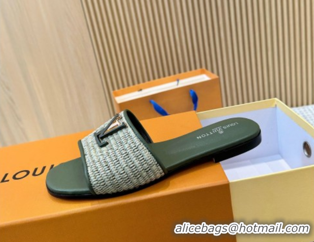 Unique Discount Louis Vuitton LV Mare Flat Slides Sandal in Straw-Like Green 0609058