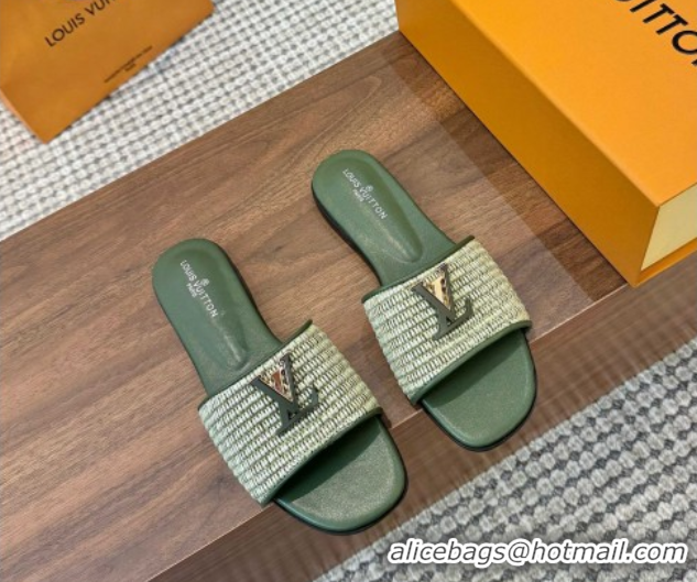 Unique Discount Louis Vuitton LV Mare Flat Slides Sandal in Straw-Like Green 0609058