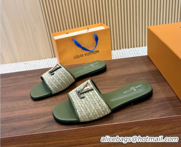 Unique Discount Louis Vuitton LV Mare Flat Slides Sandal in Straw-Like Green 0609058