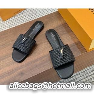 Shop Duplicate Louis Vuitton LV Mare Flat Slides Sandal in Straw-Like Black 0609059