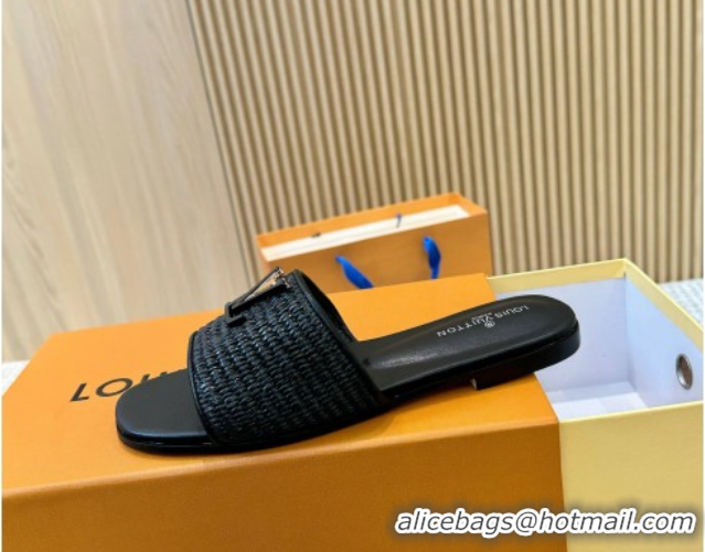 Shop Duplicate Louis Vuitton LV Mare Flat Slides Sandal in Straw-Like Black 0609059