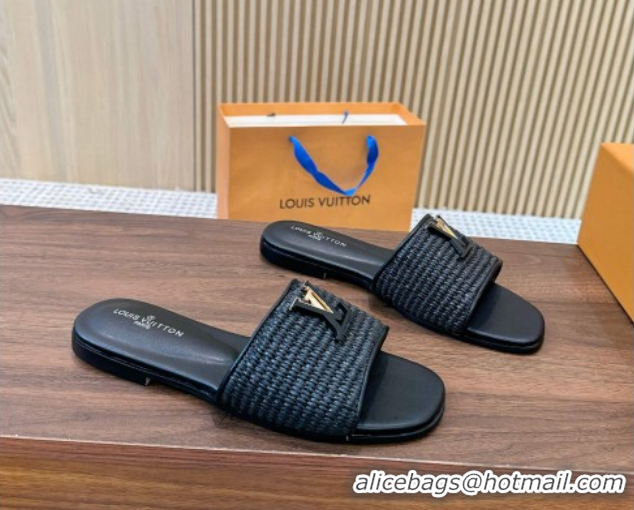 Shop Duplicate Louis Vuitton LV Mare Flat Slides Sandal in Straw-Like Black 0609059