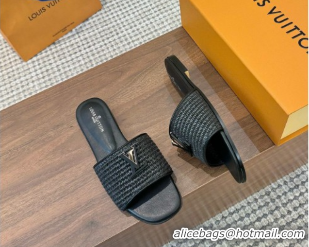 Shop Duplicate Louis Vuitton LV Mare Flat Slides Sandal in Straw-Like Black 0609059