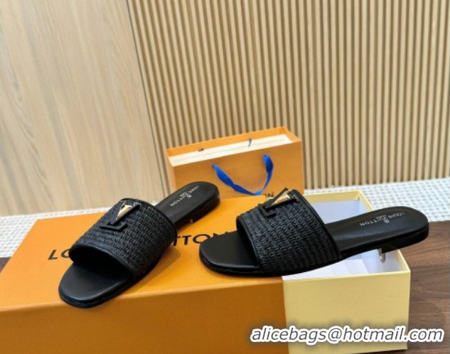 Shop Duplicate Louis Vuitton LV Mare Flat Slides Sandal in Straw-Like Black 0609059