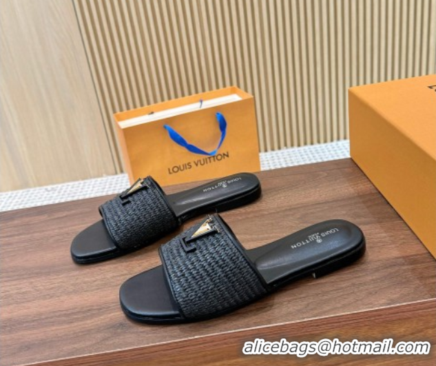 Shop Duplicate Louis Vuitton LV Mare Flat Slides Sandal in Straw-Like Black 0609059