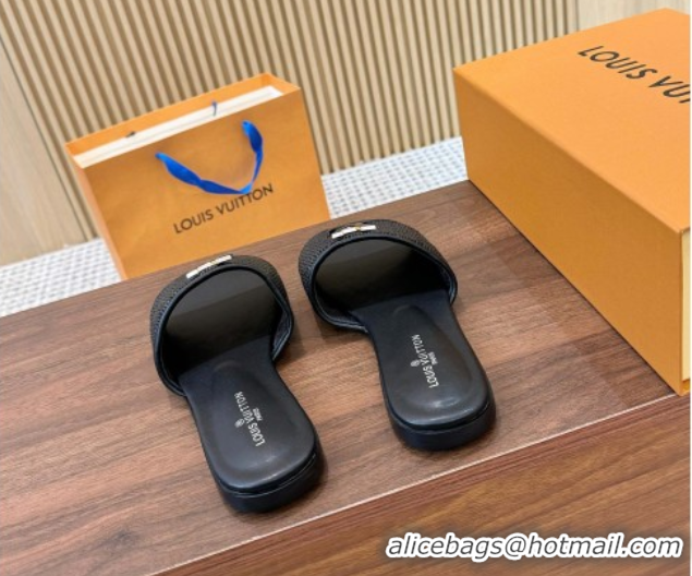 Shop Duplicate Louis Vuitton LV Mare Flat Slides Sandal in Straw-Like Black 0609059