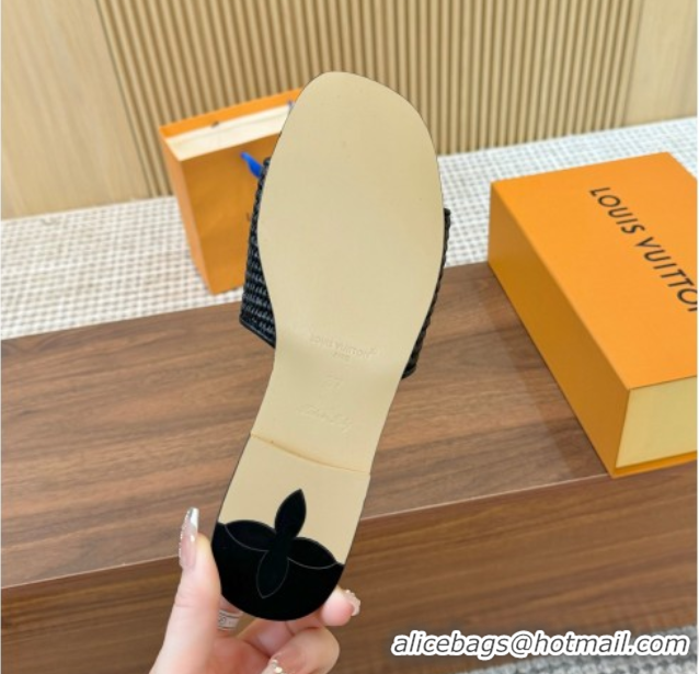 Shop Duplicate Louis Vuitton LV Mare Flat Slides Sandal in Straw-Like Black 0609059