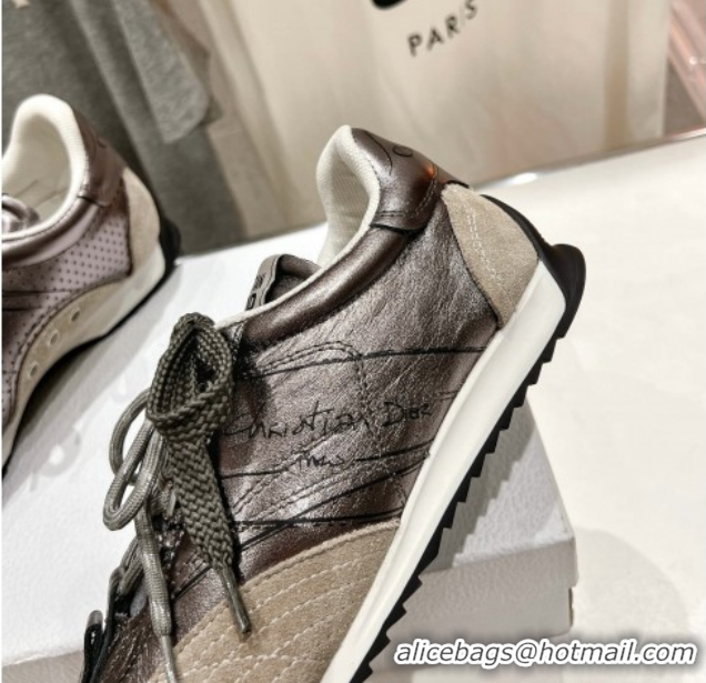 Good Product Dior D-Sketch Sneakers in Crinkled Lambskin and Laminated Calfskin with Signature Silver Grey 0425002