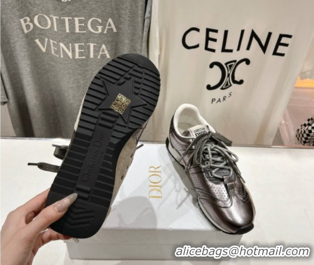 Good Product Dior D-Sketch Sneakers in Crinkled Lambskin and Laminated Calfskin with Signature Silver Grey 0425002