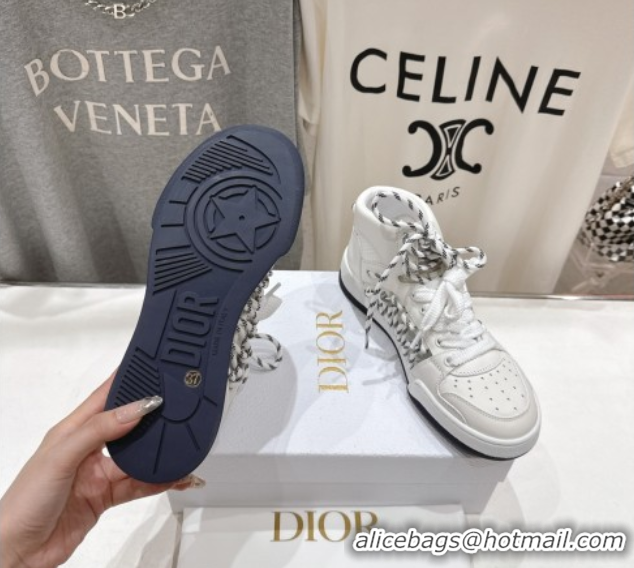 Top Grade Dior First High-Top Sneakers in White Calfskin Leather with Two-Tone Laces 0425008