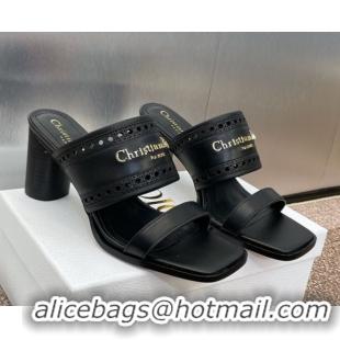 Hot Style Dior D-Lane Heeled Slides Sandal 7.5cm in Calfskin with Openwork Microcannage Motif Black 0425025