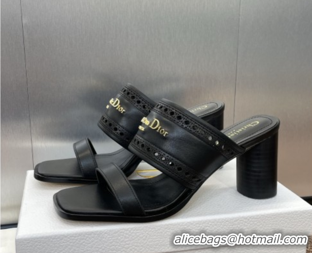 Hot Style Dior D-Lane Heeled Slides Sandal 7.5cm in Calfskin with Openwork Microcannage Motif Black 0425025