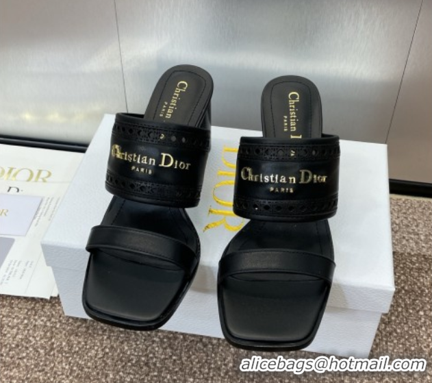 Hot Style Dior D-Lane Heeled Slides Sandal 7.5cm in Calfskin with Openwork Microcannage Motif Black 0425025