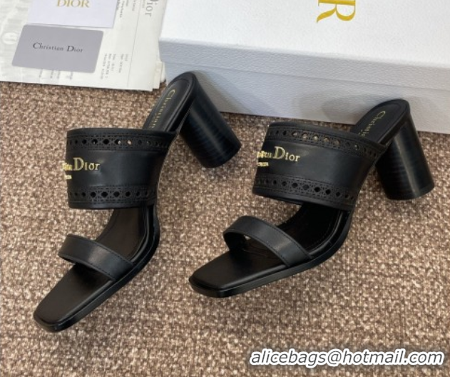 Hot Style Dior D-Lane Heeled Slides Sandal 7.5cm in Calfskin with Openwork Microcannage Motif Black 0425025