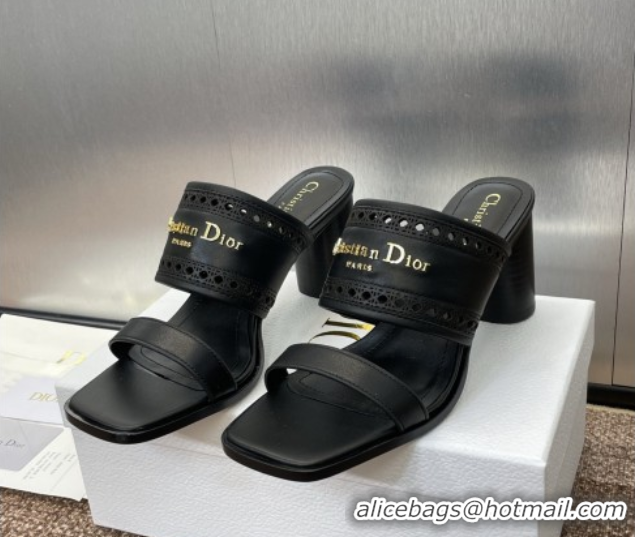 Hot Style Dior D-Lane Heeled Slides Sandal 7.5cm in Calfskin with Openwork Microcannage Motif Black 0425025