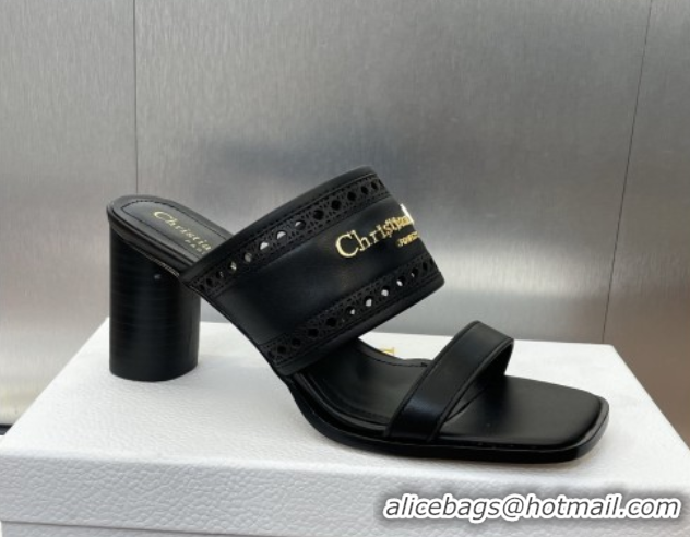 Hot Style Dior D-Lane Heeled Slides Sandal 7.5cm in Calfskin with Openwork Microcannage Motif Black 0425025