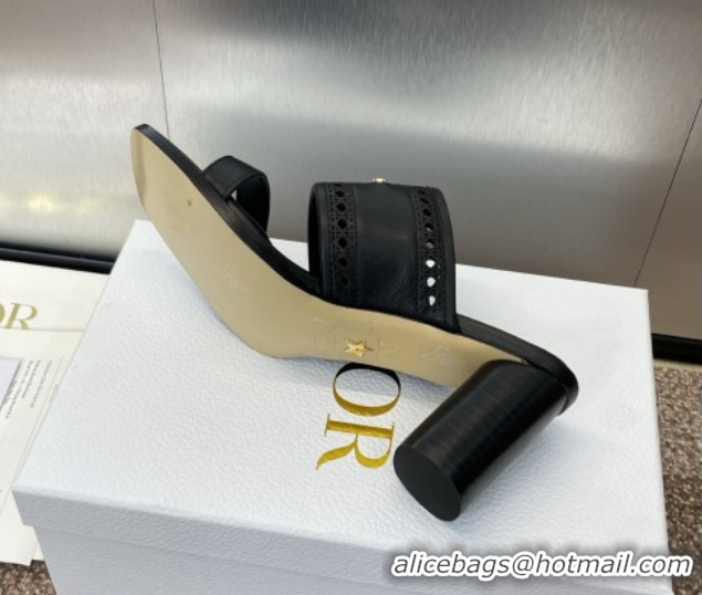 Hot Style Dior D-Lane Heeled Slides Sandal 7.5cm in Calfskin with Openwork Microcannage Motif Black 0425025