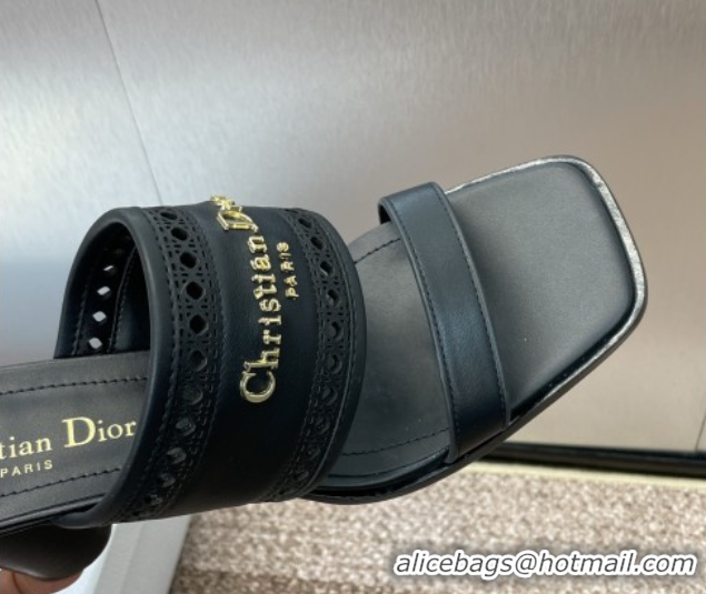 Hot Style Dior D-Lane Heeled Slides Sandal 7.5cm in Calfskin with Openwork Microcannage Motif Black 0425025