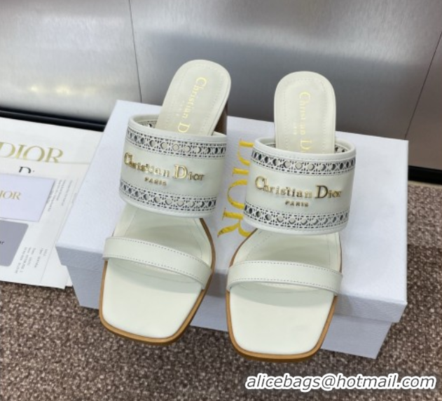 Low Cost Dior D-Lane Heeled Slides Sandal 7.5cm in Calfskin with Openwork Microcannage Motif White 0425026