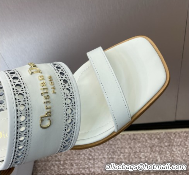 Low Cost Dior D-Lane Heeled Slides Sandal 7.5cm in Calfskin with Openwork Microcannage Motif White 0425026