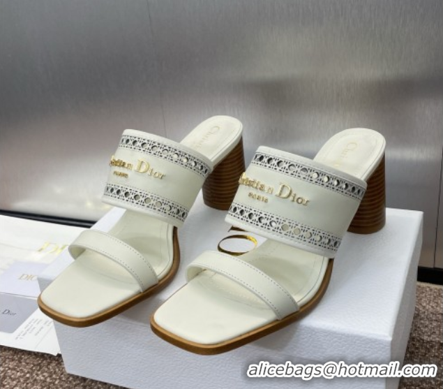 Low Cost Dior D-Lane Heeled Slides Sandal 7.5cm in Calfskin with Openwork Microcannage Motif White 0425026