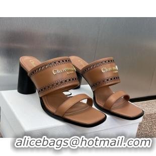 Most Popular Dior D-Lane Heeled Slides Sandal 7.5cm in Calfskin with Openwork Microcannage Motif Brown 0425027