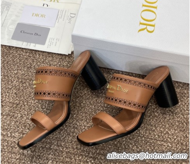 Most Popular Dior D-Lane Heeled Slides Sandal 7.5cm in Calfskin with Openwork Microcannage Motif Brown 0425027