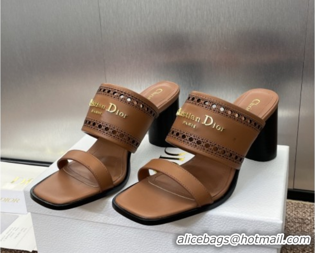 Most Popular Dior D-Lane Heeled Slides Sandal 7.5cm in Calfskin with Openwork Microcannage Motif Brown 0425027