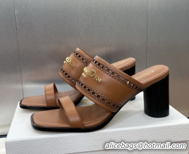Most Popular Dior D-Lane Heeled Slides Sandal 7.5cm in Calfskin with Openwork Microcannage Motif Brown 0425027