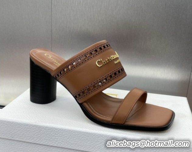 Most Popular Dior D-Lane Heeled Slides Sandal 7.5cm in Calfskin with Openwork Microcannage Motif Brown 0425027