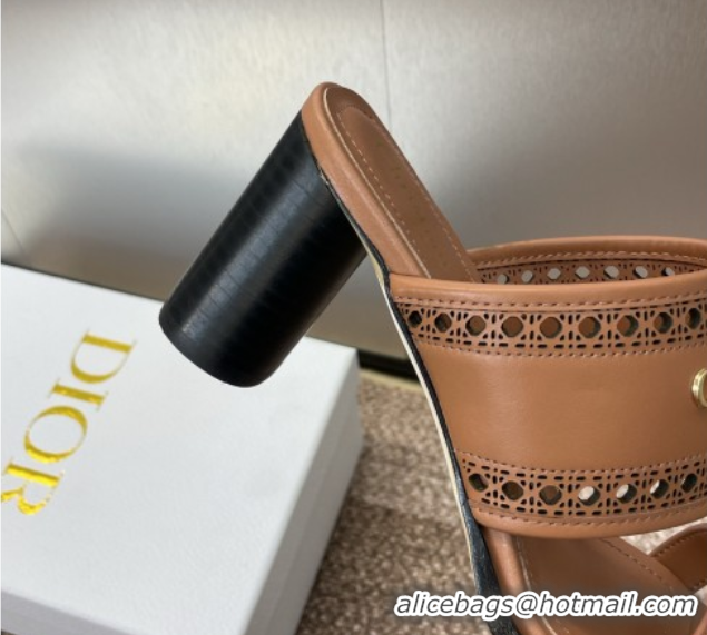 Most Popular Dior D-Lane Heeled Slides Sandal 7.5cm in Calfskin with Openwork Microcannage Motif Brown 0425027