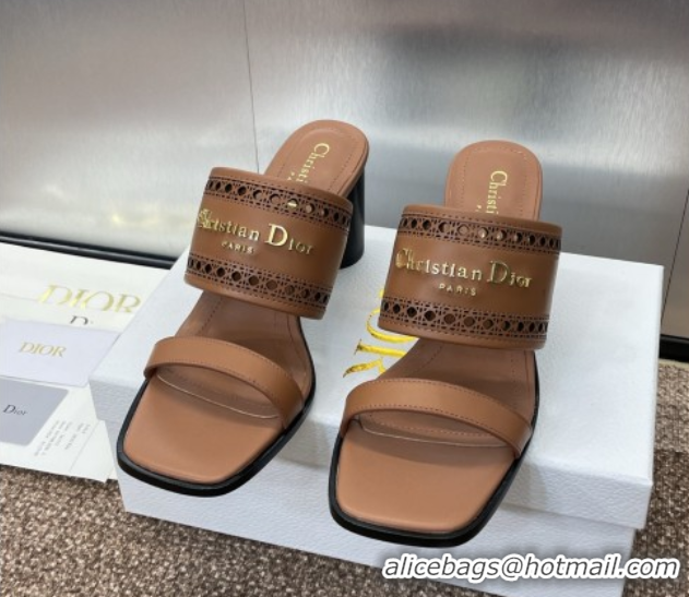 Most Popular Dior D-Lane Heeled Slides Sandal 7.5cm in Calfskin with Openwork Microcannage Motif Brown 0425027