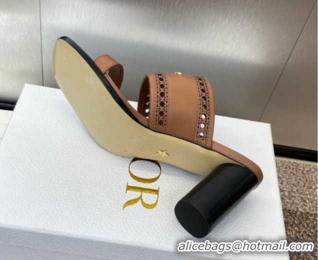 Most Popular Dior D-Lane Heeled Slides Sandal 7.5cm in Calfskin with Openwork Microcannage Motif Brown 0425027