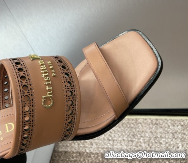 Most Popular Dior D-Lane Heeled Slides Sandal 7.5cm in Calfskin with Openwork Microcannage Motif Brown 0425027