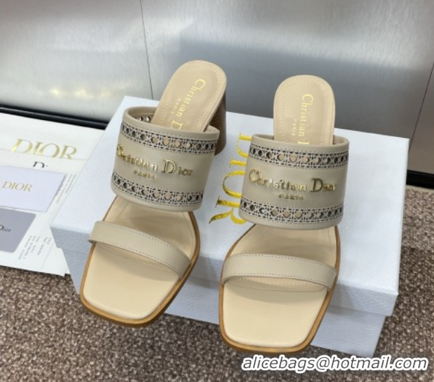 Stylish Dior D-Lane Heeled Slides Sandal 7.5cm in Calfskin with Openwork Microcannage Motif Beige 0425028