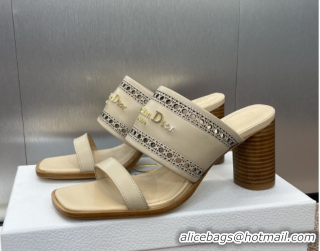 Stylish Dior D-Lane Heeled Slides Sandal 7.5cm in Calfskin with Openwork Microcannage Motif Beige 0425028