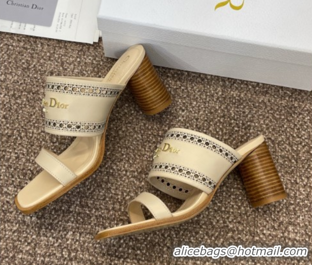Stylish Dior D-Lane Heeled Slides Sandal 7.5cm in Calfskin with Openwork Microcannage Motif Beige 0425028