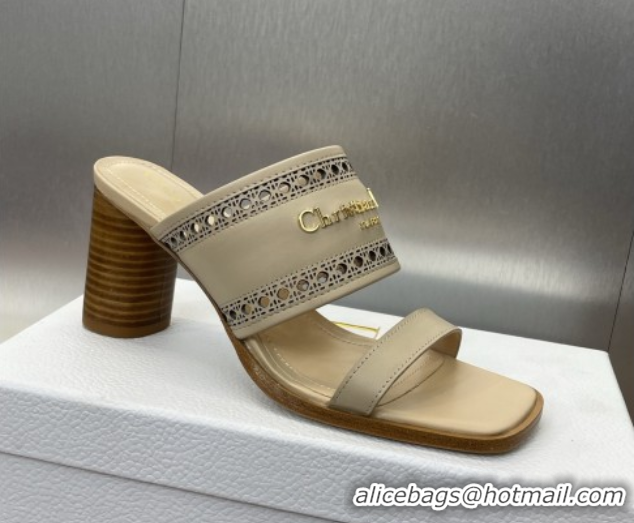 Stylish Dior D-Lane Heeled Slides Sandal 7.5cm in Calfskin with Openwork Microcannage Motif Beige 0425028