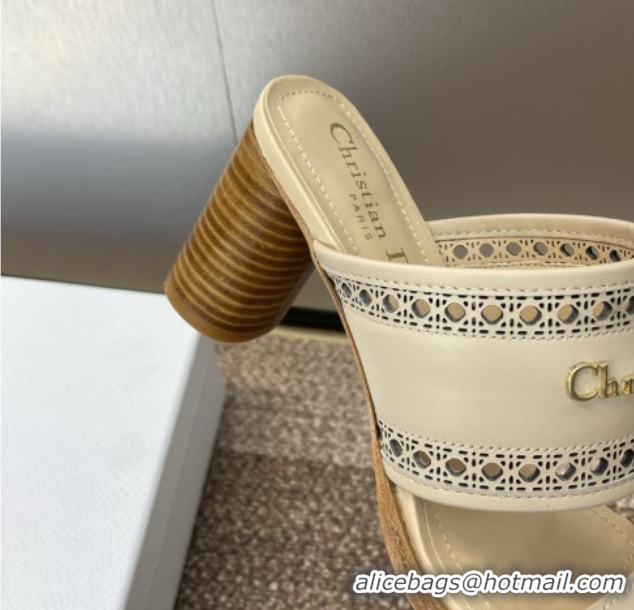 Stylish Dior D-Lane Heeled Slides Sandal 7.5cm in Calfskin with Openwork Microcannage Motif Beige 0425028