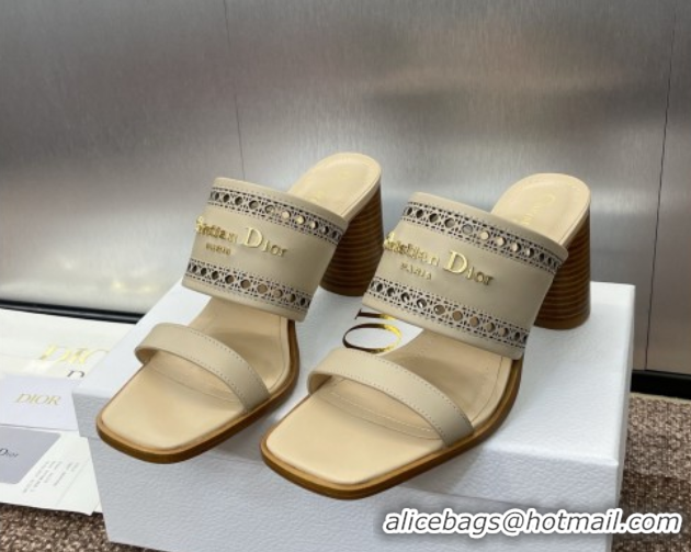 Stylish Dior D-Lane Heeled Slides Sandal 7.5cm in Calfskin with Openwork Microcannage Motif Beige 0425028