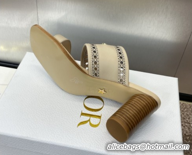 Stylish Dior D-Lane Heeled Slides Sandal 7.5cm in Calfskin with Openwork Microcannage Motif Beige 0425028